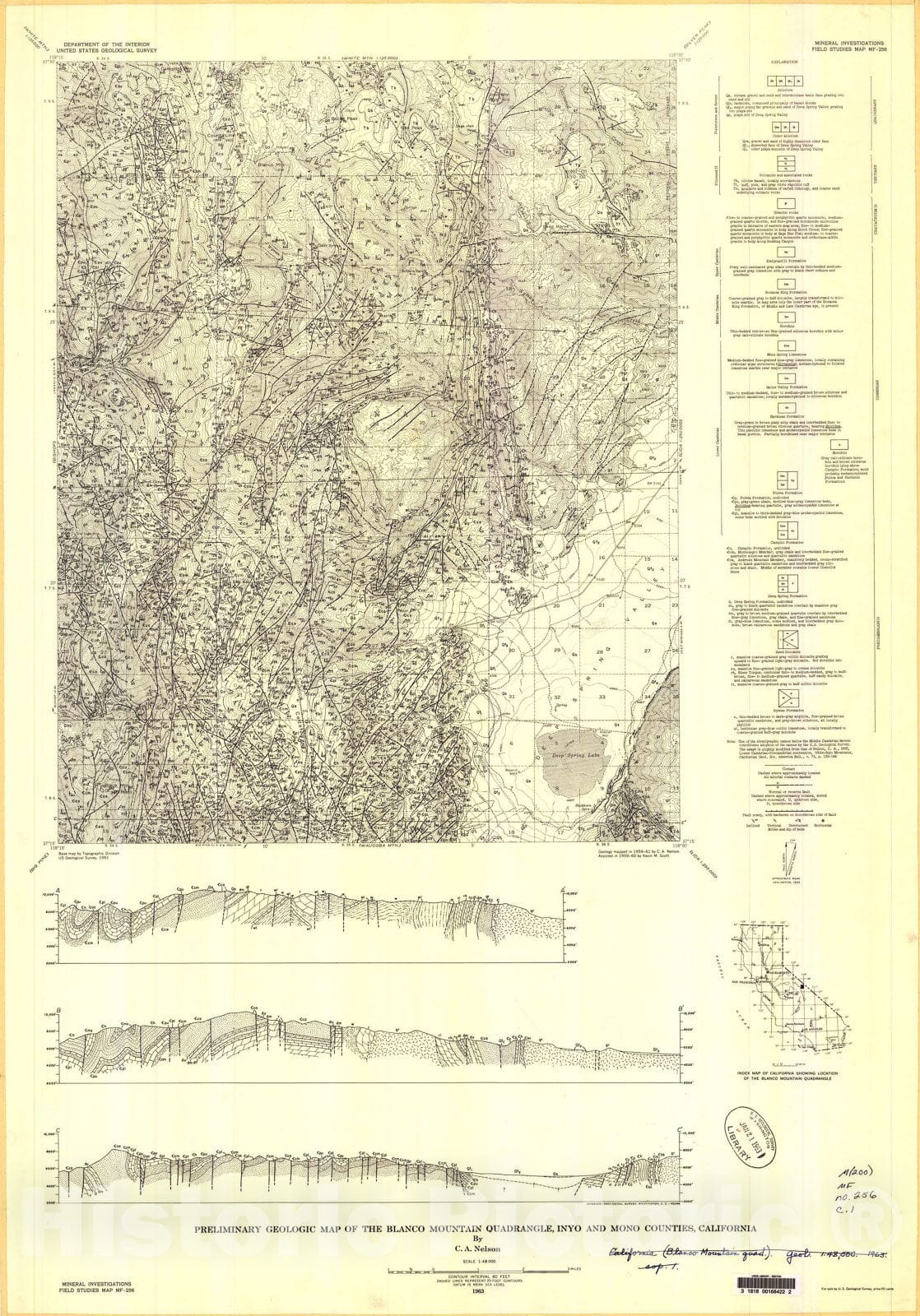 Map : Preliminary geologic map of the Blanco Mountain quadrangle, Inyo and Mono Counties, California, 1963 Cartography Wall Art :