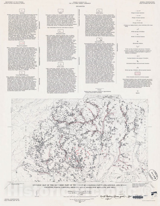 Map : Geologic map of the southern part of the Casar quadrangle, Cleveland, Lincoln, and Burke Counties, North Carolina, showing areas m, 1963 Cartography Wall Art :