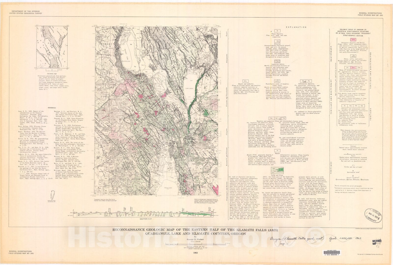 Map : Reconnaissance geologic map of the eastern half of the Klamath Falls (AMS) quadrangle, Lake and Klamath Counties, Oregon, 1963 Cartography Wall Art :