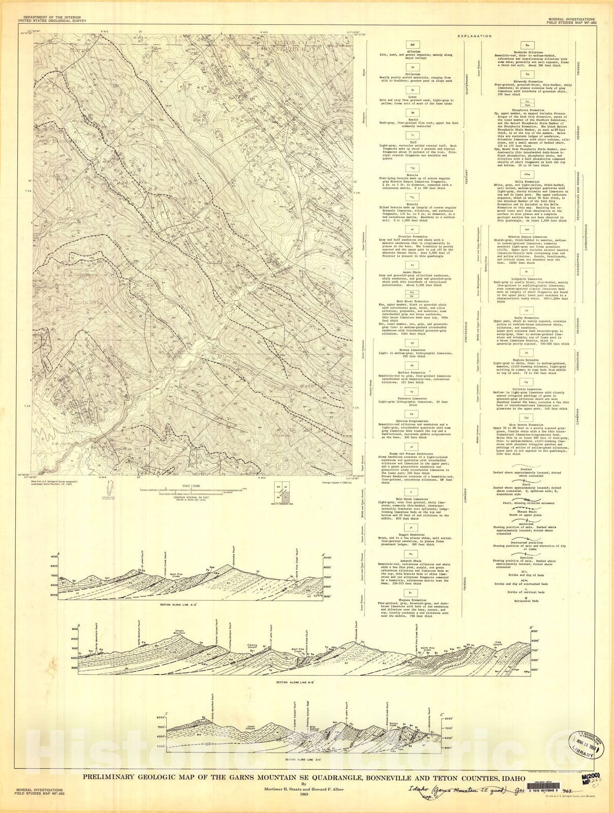Map : Preliminary geologic map of the Garns Mountain SE quadrangle, Bonneville and Teton Counties, Idaho, 1963 Cartography Wall Art :