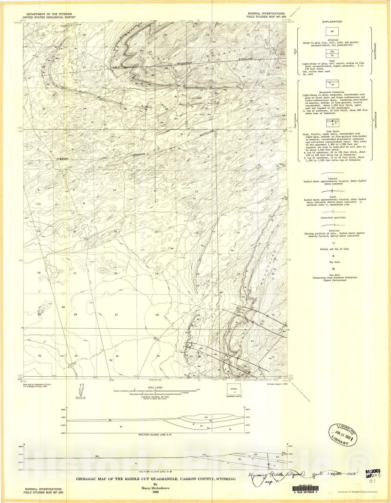 Map : Geologic map of the Riddle Cut quadrangle, Carbon County, Wyoming, 1963 Cartography Wall Art :