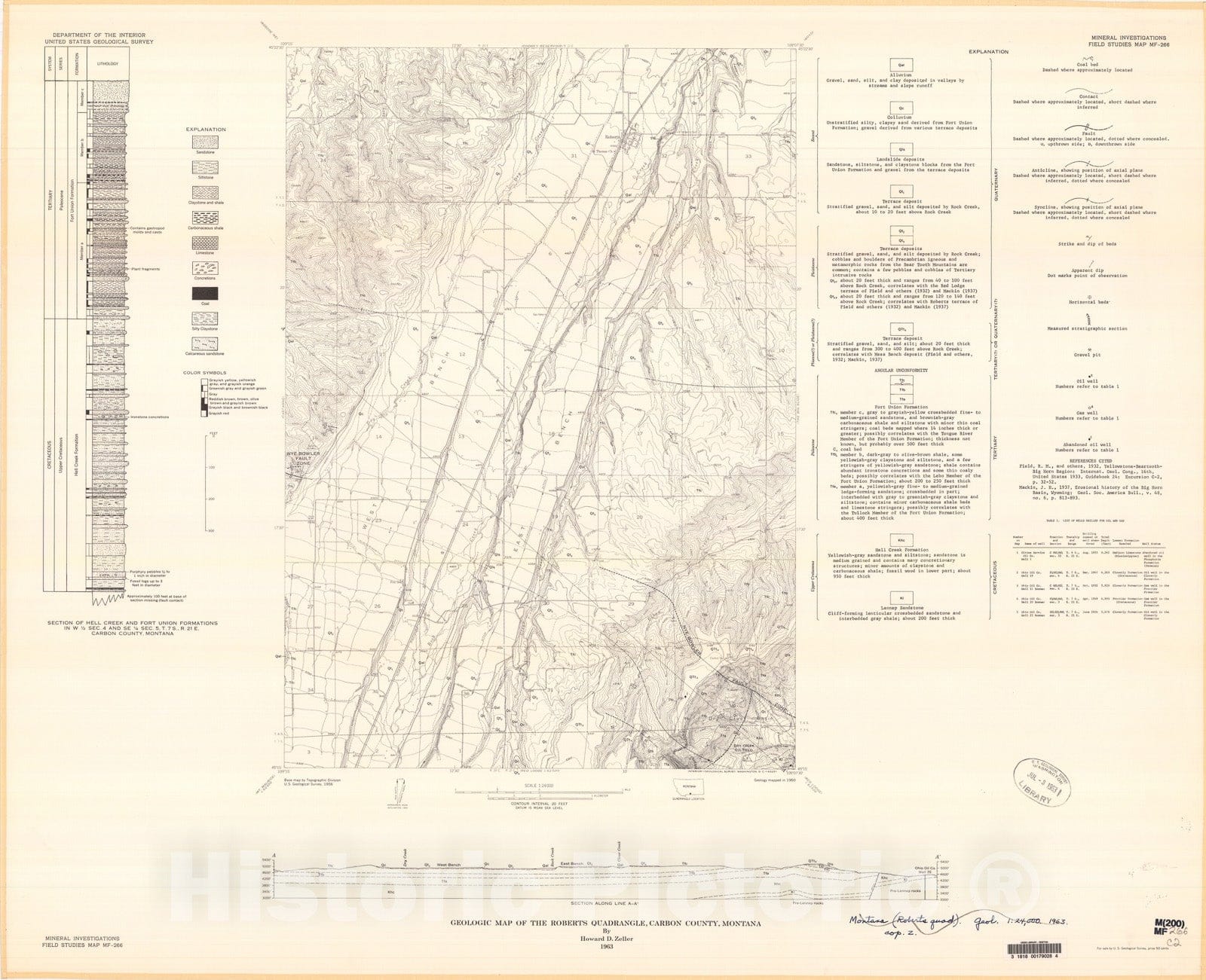Map : Geologic map of the Roberts quadrangle, Carbon County, Montana, 1963 Cartography Wall Art :