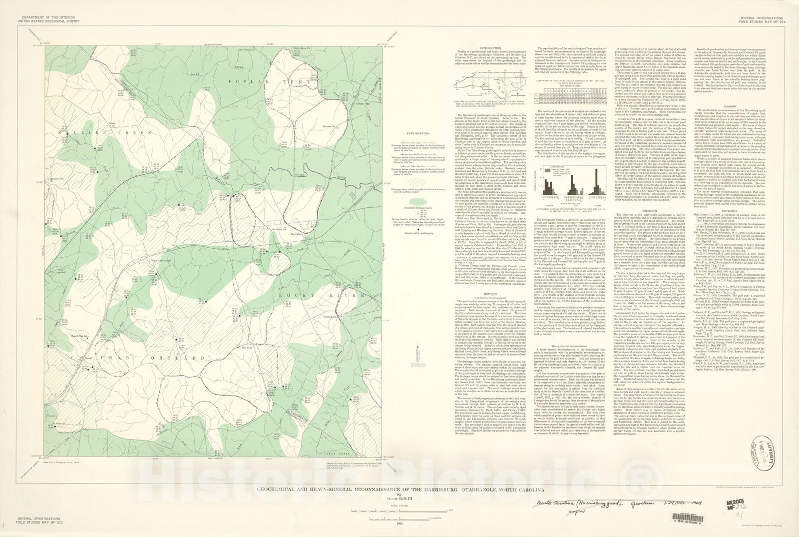 Map : Geochemical and heavy-mineral reconnaissance of the Harrisburg quadrangle, North Carolina, 1964 Cartography Wall Art :