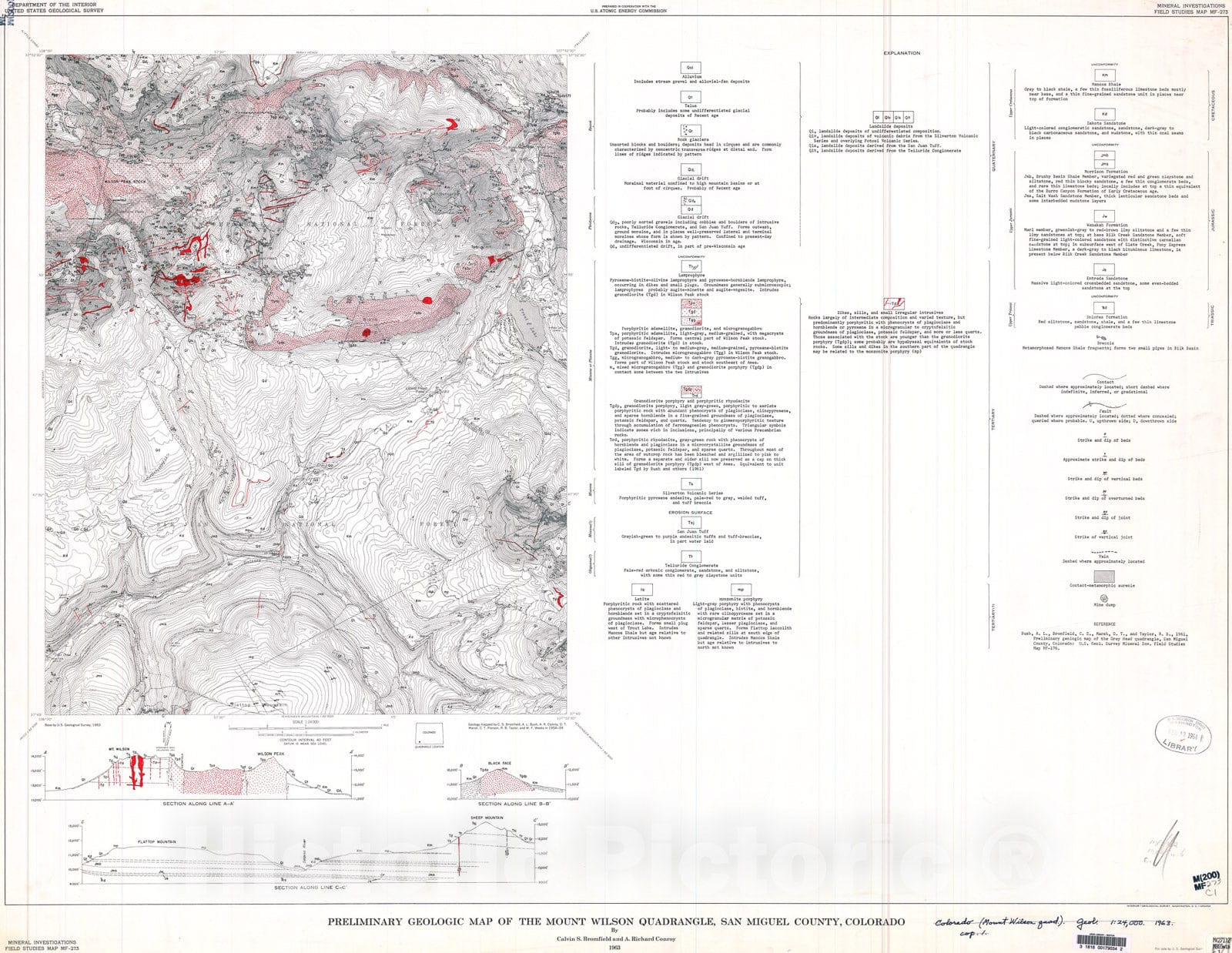 Map : Preliminary geologic map of the Mount Wilson quadrangle, San Miguel County, Colorado, 1963 Cartography Wall Art :