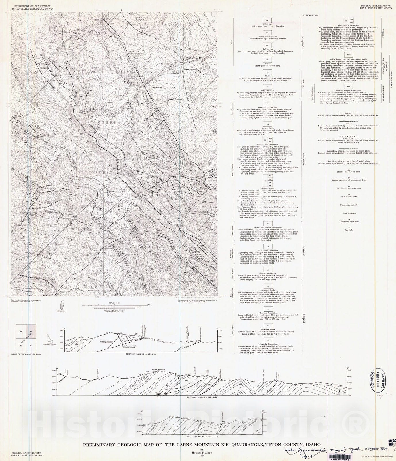 Map : Preliminary geologic map of the Garns Mountain NE quadrangle, Teton County, Idaho, 1964 Cartography Wall Art :