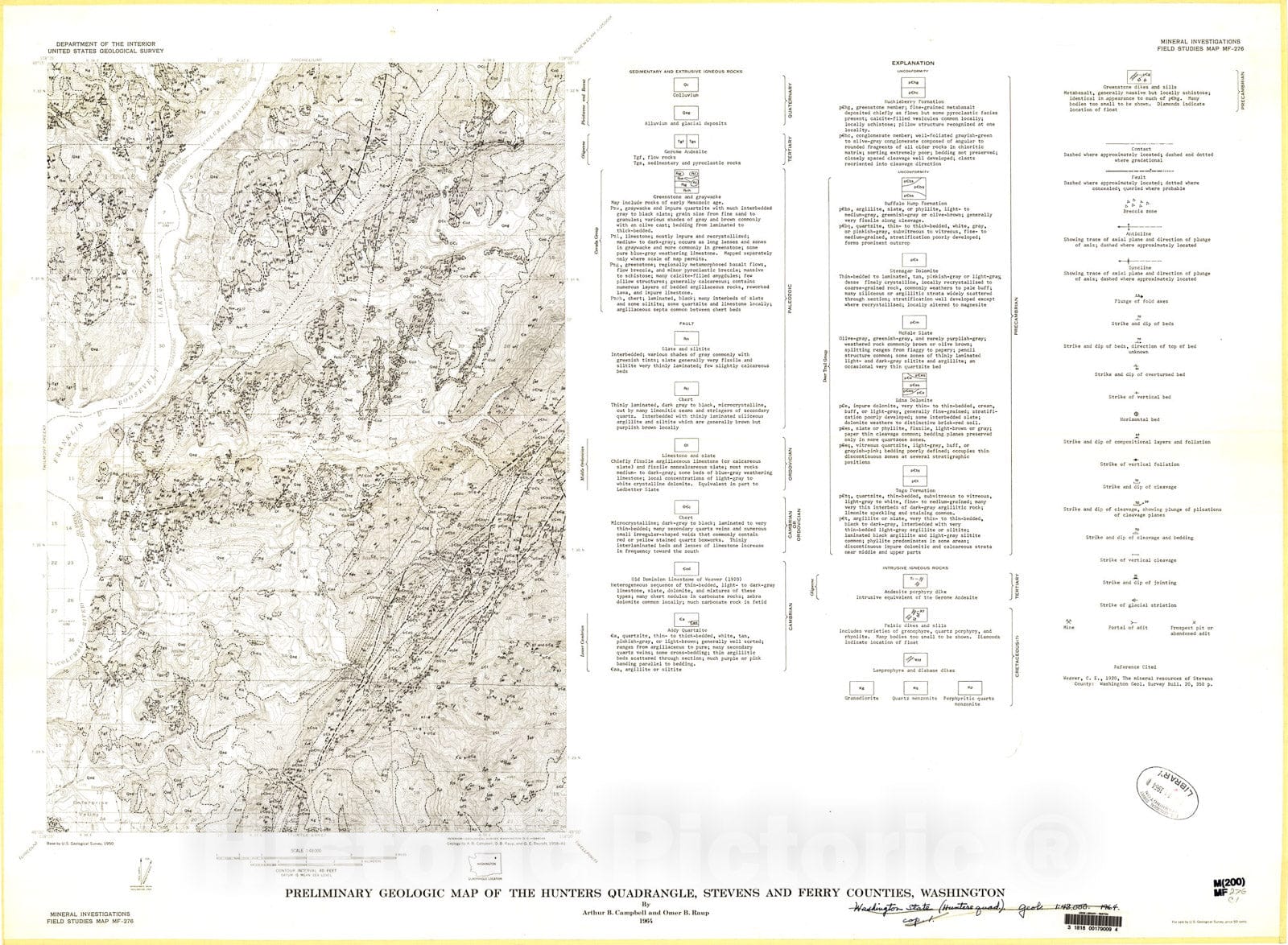 Map : Preliminary geologic map of the Hunters quadrangle, Stevens and Ferry Counties, Washington, 1964 Cartography Wall Art :