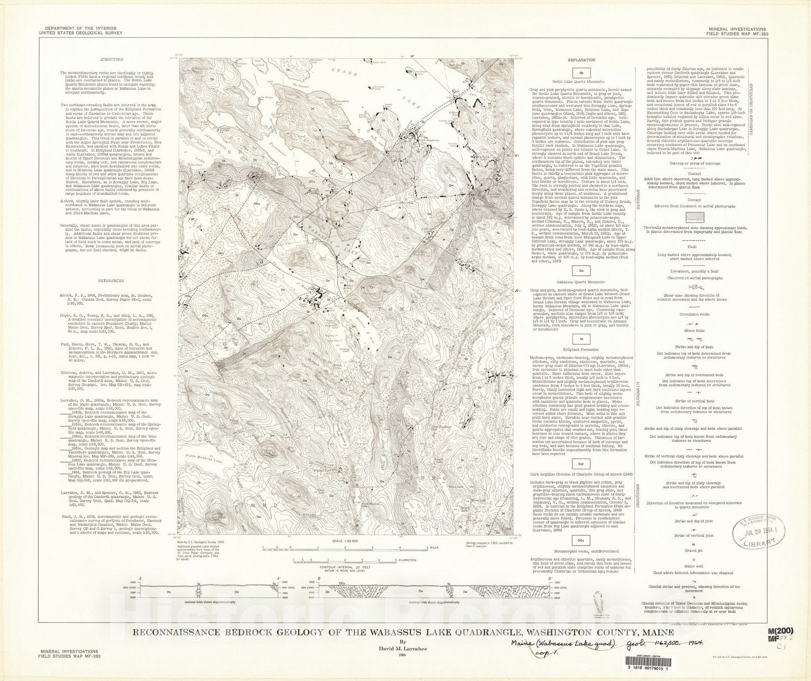 Map : Reconnaissance bedrock geology of the Wabassus Lake quadrangle, Washington County, Maine, 1964 Cartography Wall Art :
