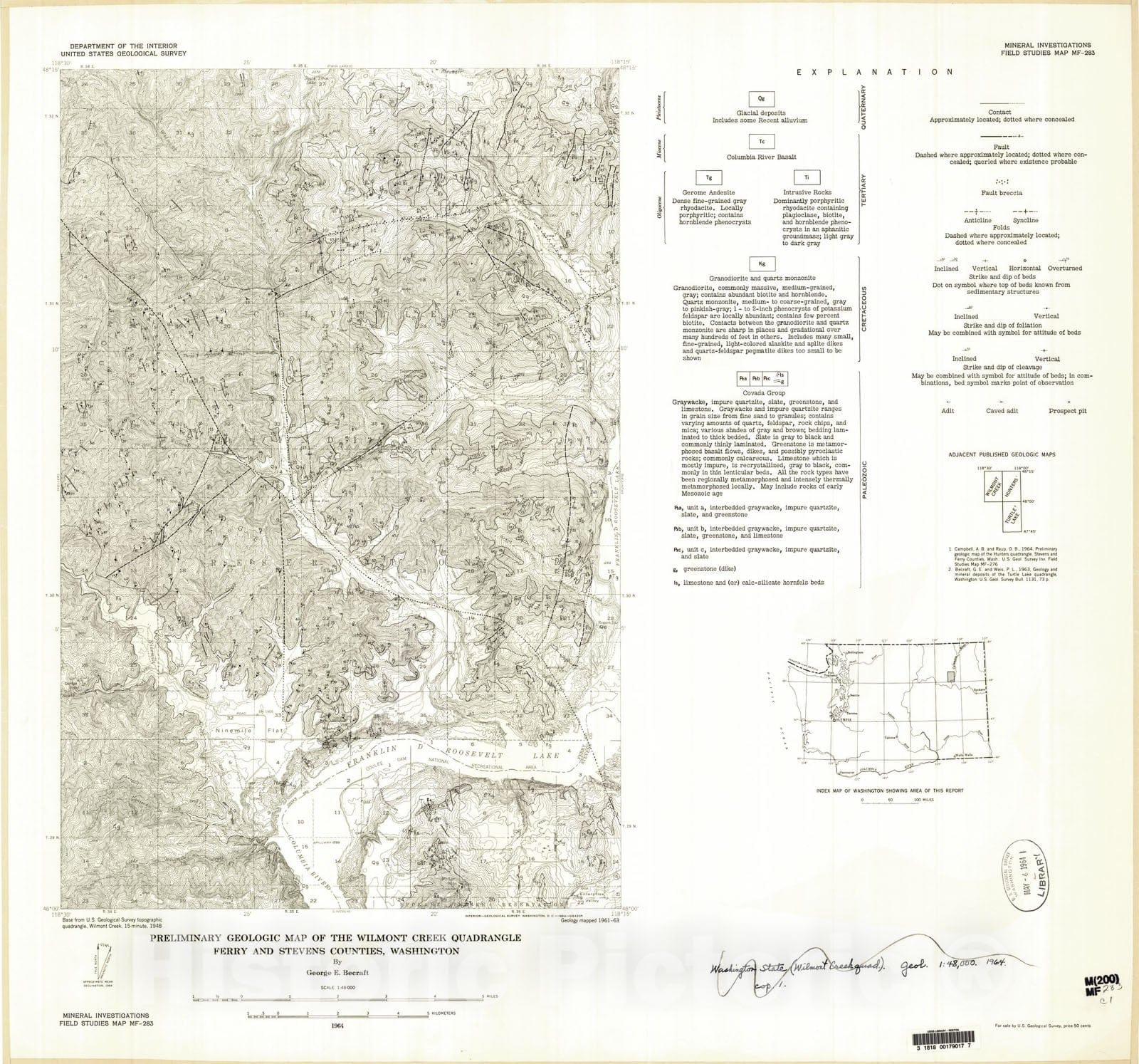 Map : Preliminary geologic map of the Wilmont Creek quadrangle, Ferry and Stevens Counties, Washington, 1964 Cartography Wall Art :