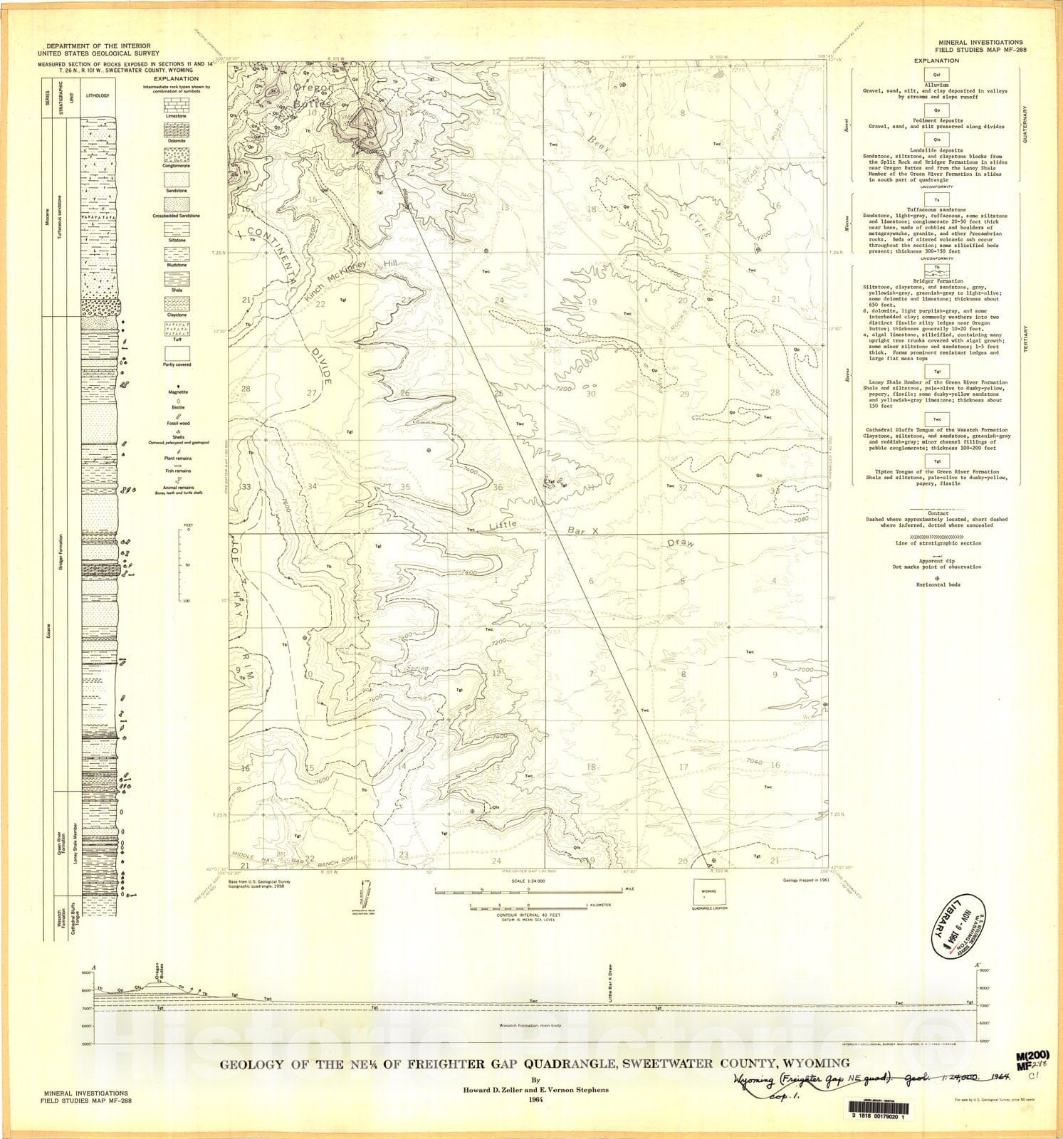 Map : Geology of the NE 1/4 of the Freighter Gap quadrangle, Sweetwater County, Wyoming, 1964 Cartography Wall Art :