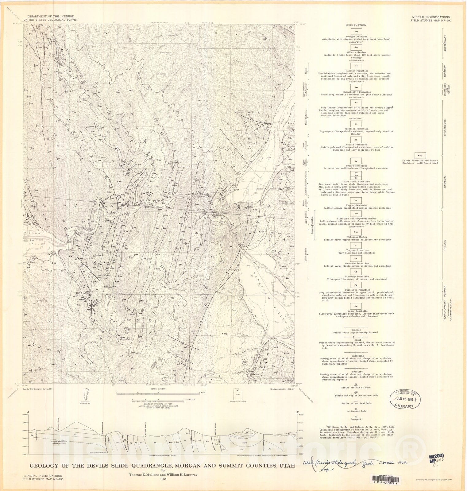 Map : Geology of the Devils Slide quadrangle, Morgan and Summit Counties, Utah, 1964 Cartography Wall Art :