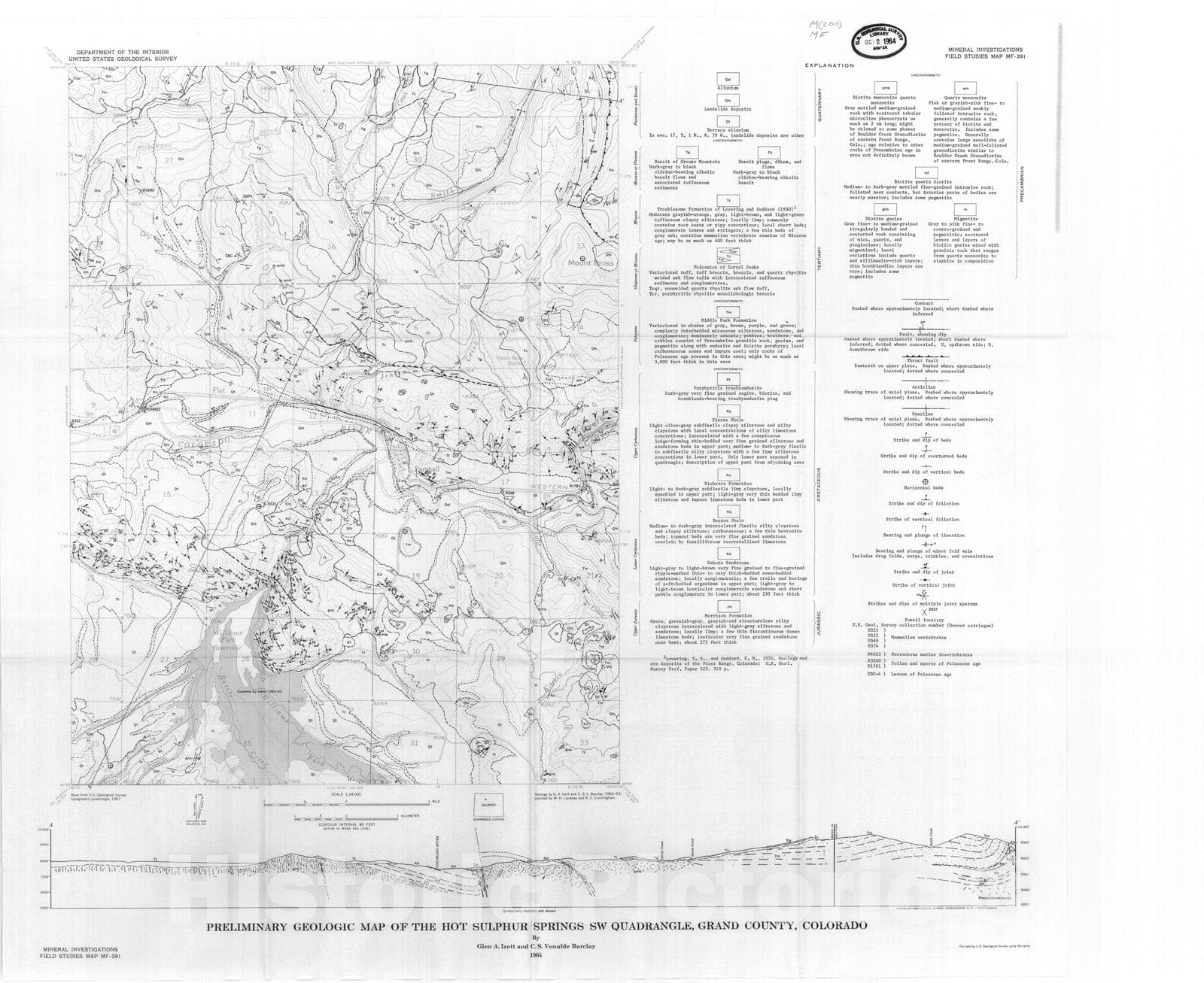 Map : Preliminary geologic map of the Hot Sulphur Springs SW quadrangle, Grand County, Colorado, 1964 Cartography Wall Art :
