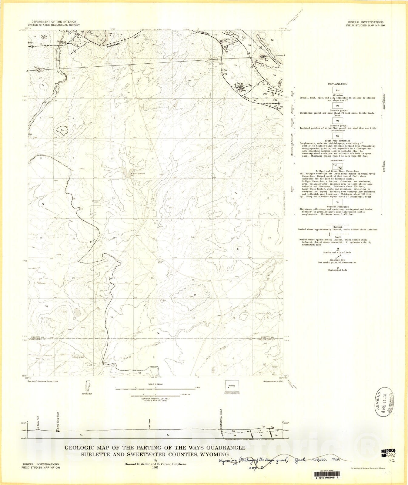 Map : Geologic map of the Parting Of The Ways quadrangle, Sublette and Sweetwater Counties, Wyoming, 1964 Cartography Wall Art :