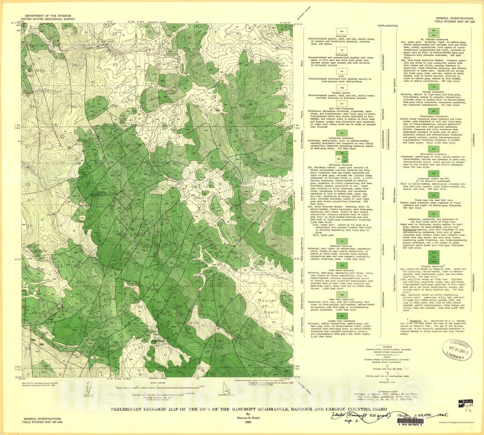 Map : Preliminary geologic map of the SW 1/4 of the Bancroft quadrangle, Bannock and Caribou Counties, Idaho, 1965 Cartography Wall Art :
