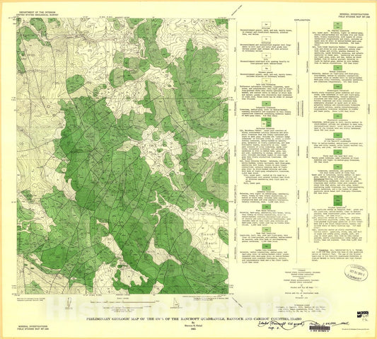 Map : Preliminary geologic map of the SW 1/4 of the Bancroft quadrangle, Bannock and Caribou Counties, Idaho, 1965 Cartography Wall Art :