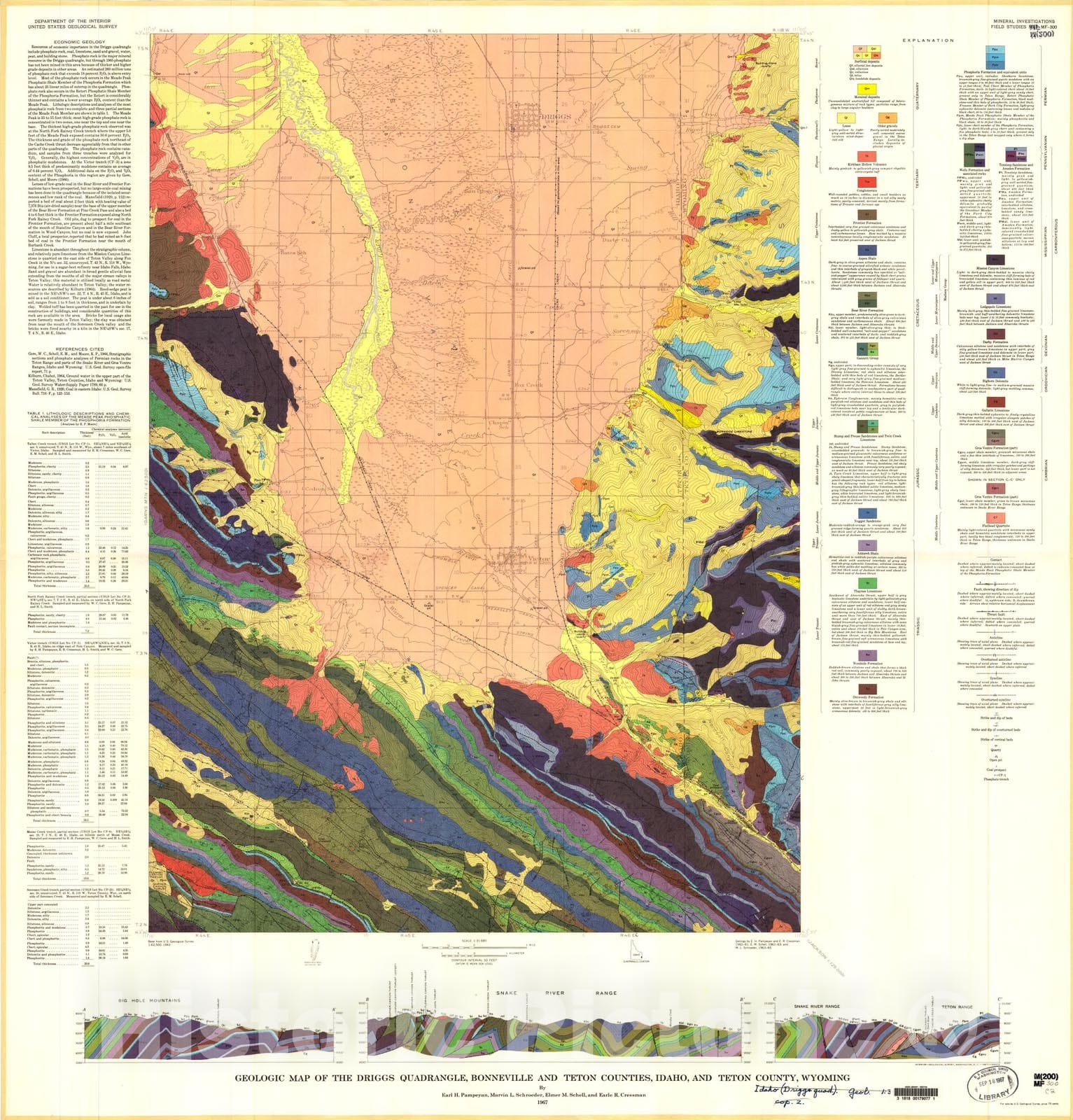 Map : Geologic map of the Driggs quadrangle, Bonneville and Teton Counties, Idaho, and Teton County, Wyoming, 1967 Cartography Wall Art :