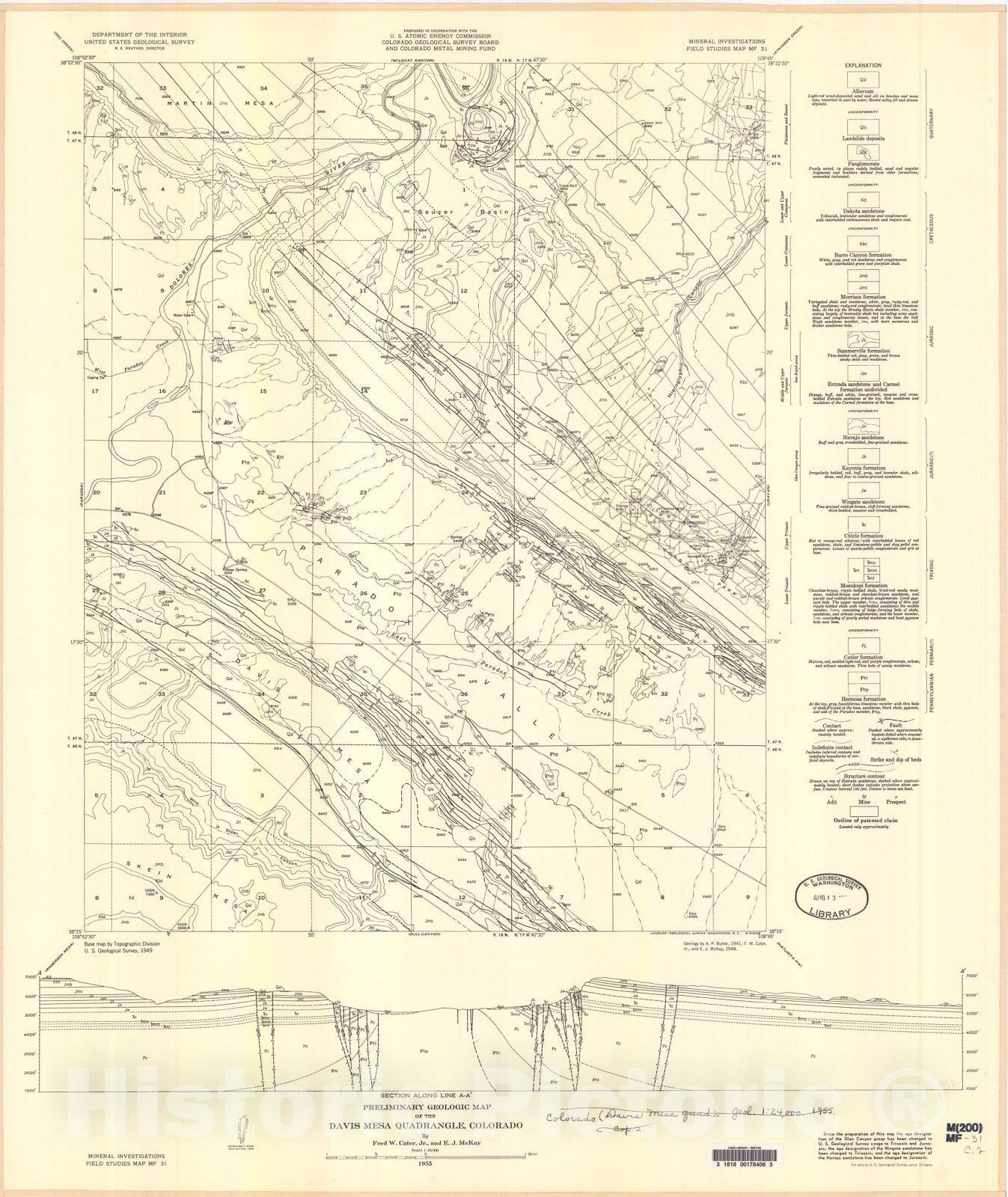 Map : Preliminary geologic map of the Davis Mesa quadrangle, Colorado, 1955 Cartography Wall Art :