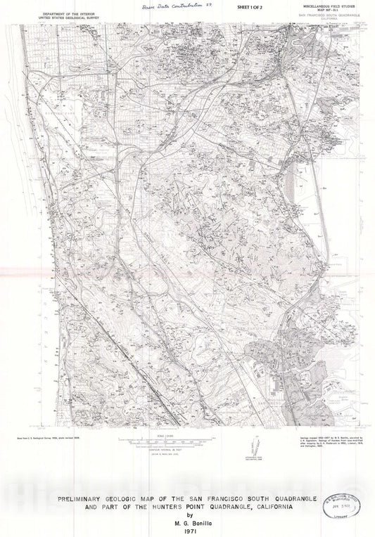 Map : Preliminary geologic map of the San Francisco South quadrangle and part of the Hunters Point quadrangle, California, 1971 Cartography Wall Art :