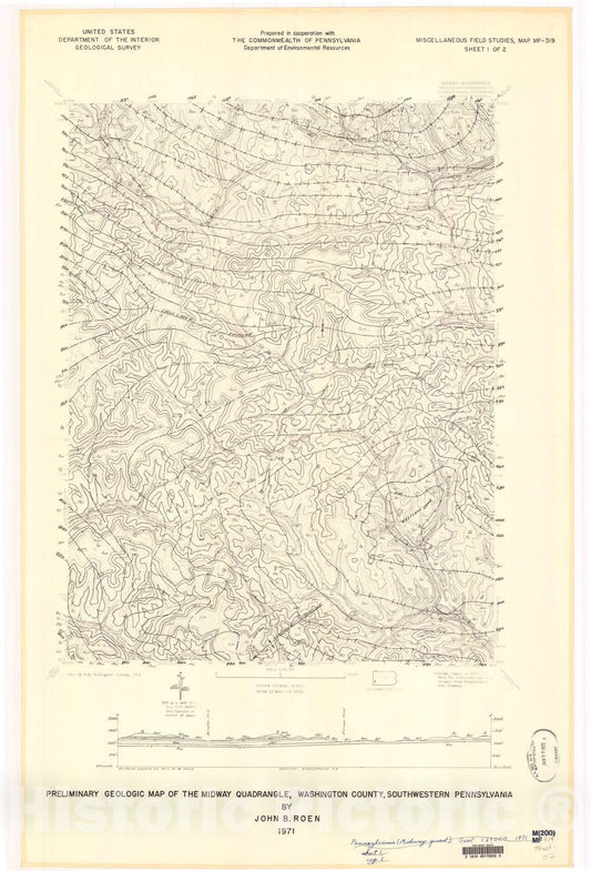 Map : Preliminary geologic map of the Midway quadrangle, Washington County, southwestern Pennsylvania, 1971 Cartography Wall Art :