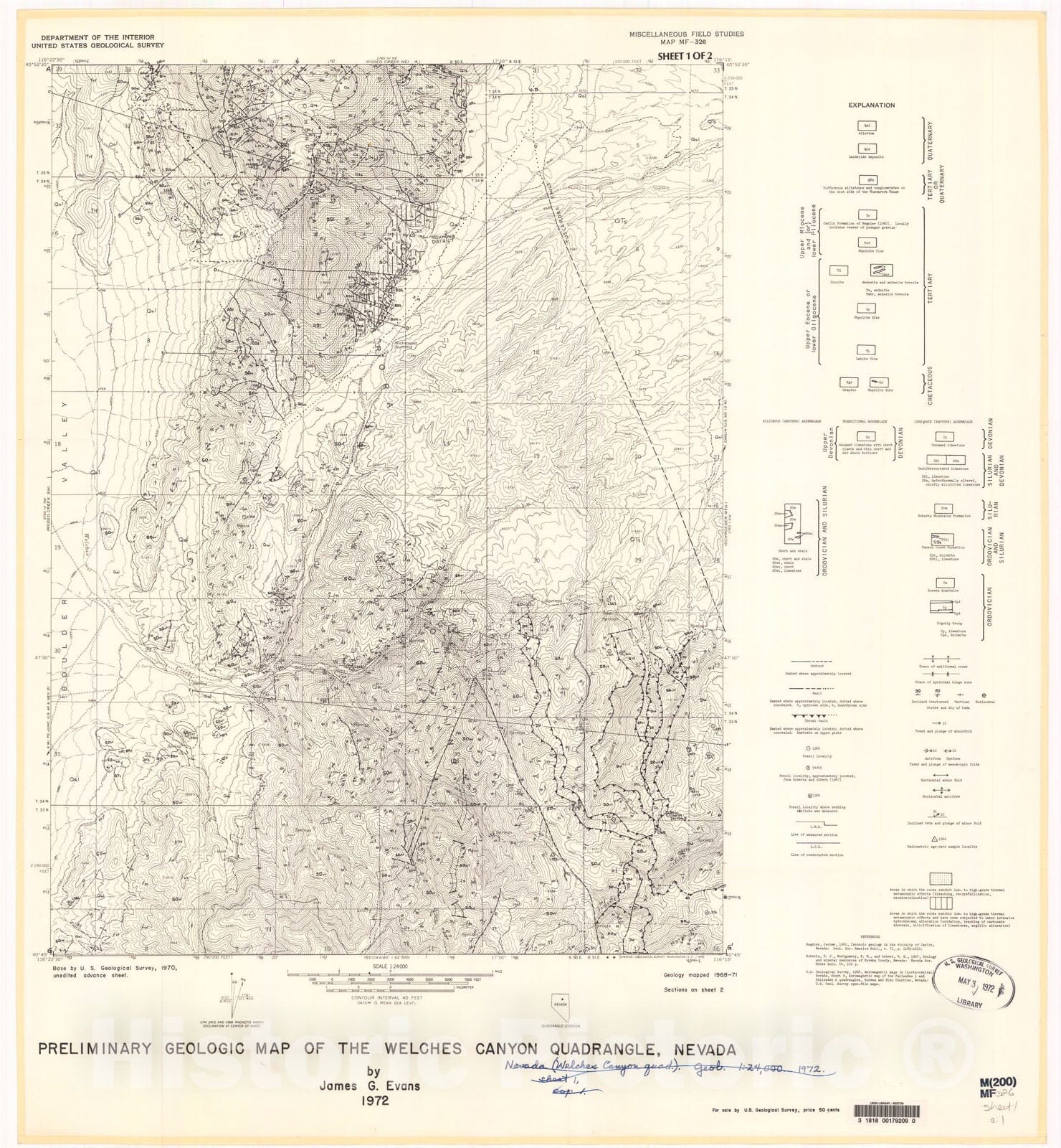 Map : Preliminary geologic map of the Welches Canyon quadrangle, Nevada, 1972 Cartography Wall Art :