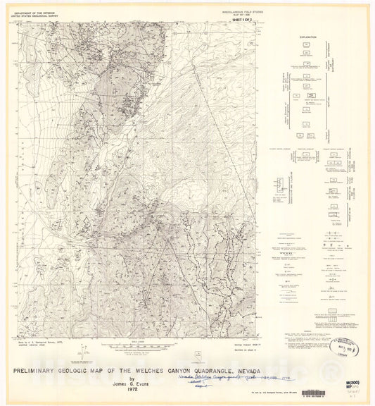 Map : Preliminary geologic map of the Welches Canyon quadrangle, Nevada, 1972 Cartography Wall Art :
