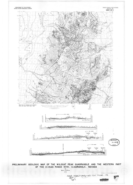 Map : Preliminary geologic map of the Wildcat Peak quadrangle and the western part of the Dianas Punch Bowl quadrangle, Nevada, 1972 Cartography Wall Art :