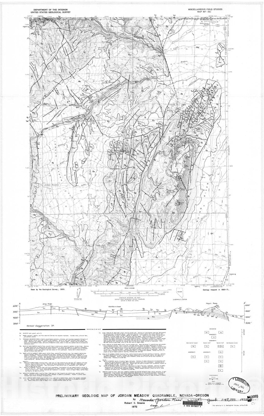 Map : Preliminary geologic map of Jordan Meadow quadrangle, Nevada-Oregon, 1972 Cartography Wall Art :