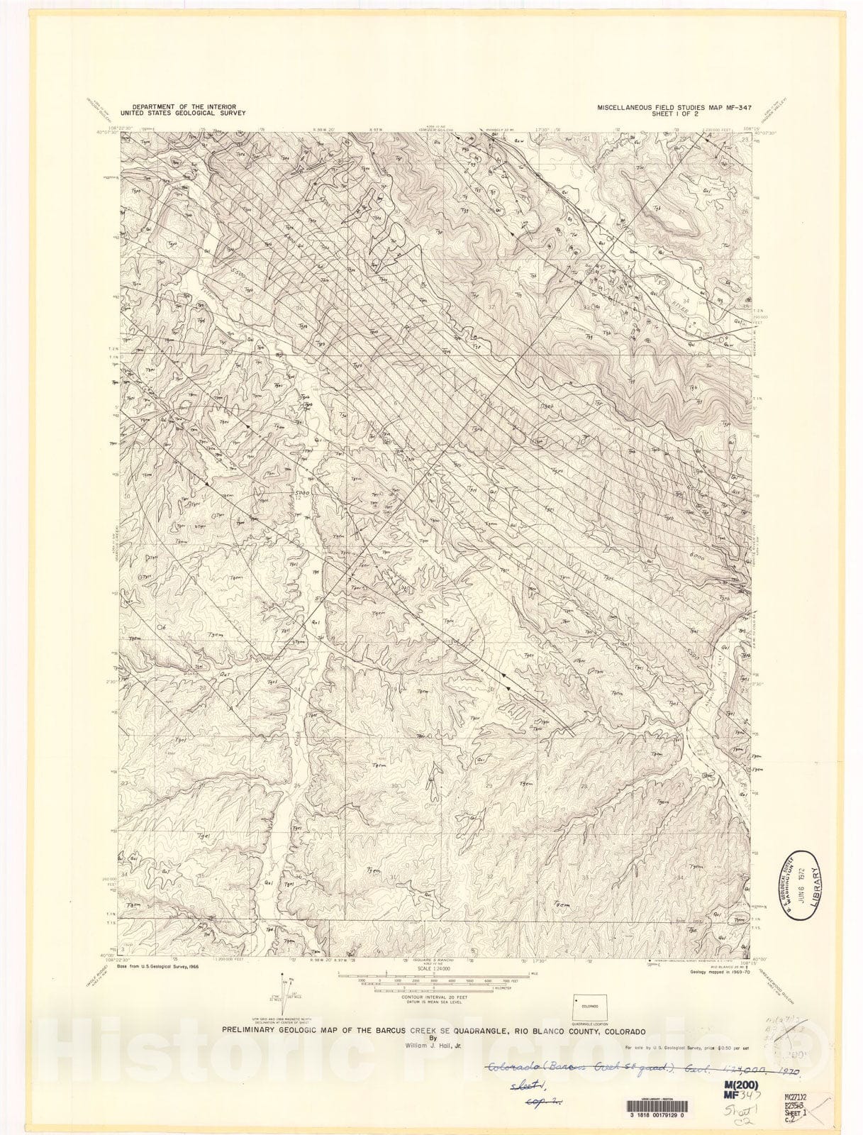 Map : Preliminary geologic map of the Barcus Creek SE quadrangle, Rio Blanco, Colorado, 1972 Cartography Wall Art :