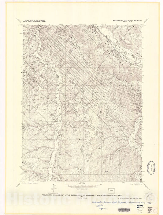 Map : Preliminary geologic map of the Barcus Creek SE quadrangle, Rio Blanco, Colorado, 1972 Cartography Wall Art :