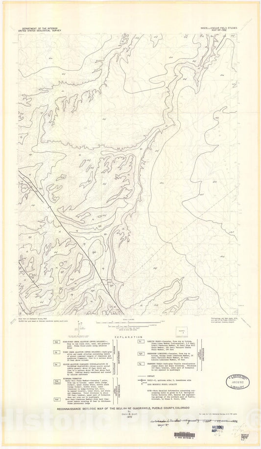 Map : Reconnaissance geologic map of the Beulah NE quadrangle, Pueblo County, Colorado, 1972 Cartography Wall Art :