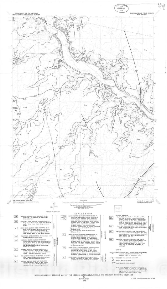 Map : Reconnaissance geologic map of the Hobson quadrangle, Pueblo and Fremont Counties, Colorado, 1972 Cartography Wall Art :
