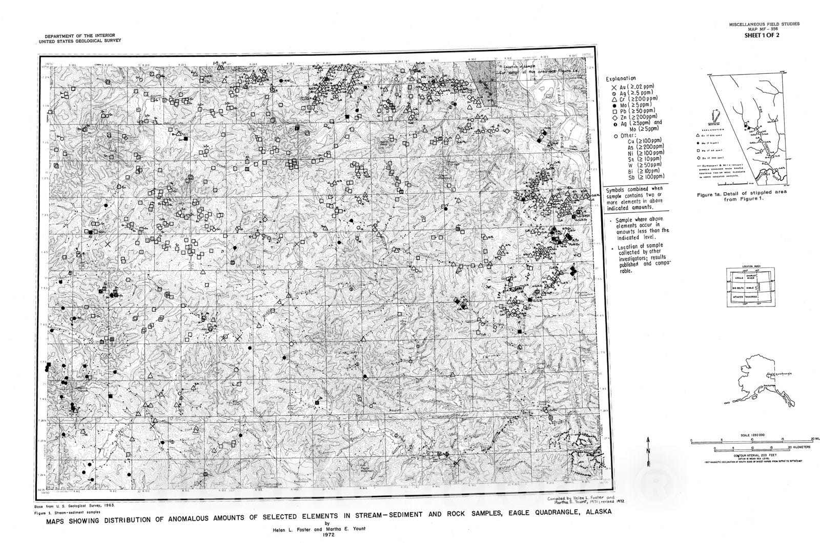 Map : Maps showing distribution of anomalous amounts of selected elements in stream-sediment and rock samples, Eagle quadrangle, Alaska, 1972 Cartography Wall Art :