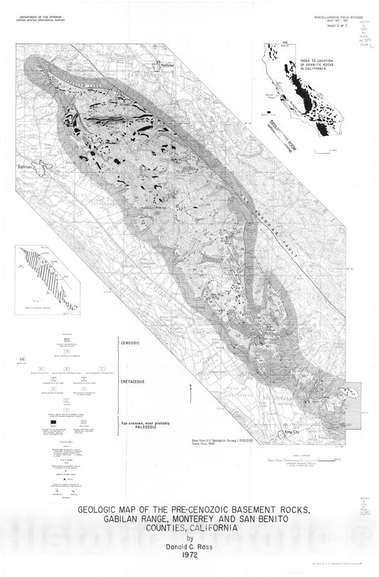 Map : Geologic map of the pre-Cenozoic basement rocks, Gabilan Range, Monterey and San Benito Counties, California, 1972 Cartography Wall Art :