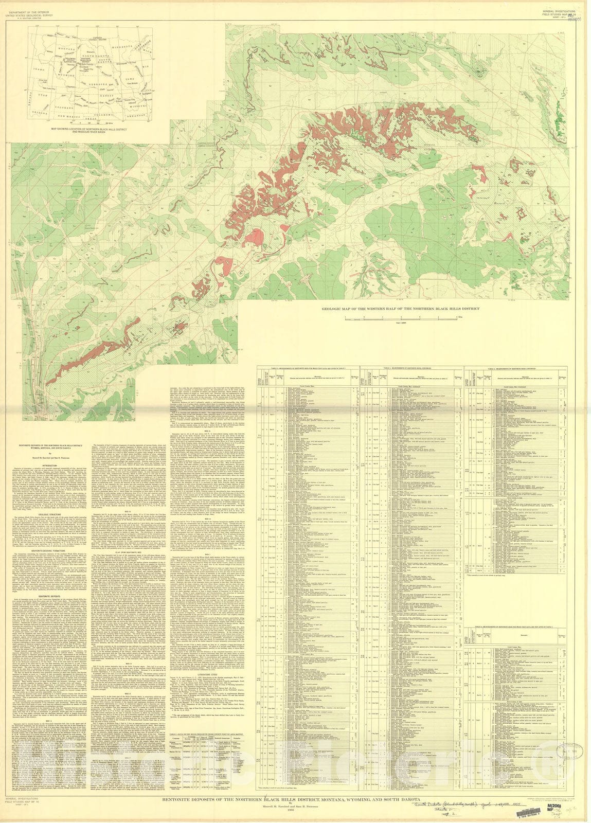 Map : Bentonite deposits of the northern Black Hills district, Montana, Wyoming, and South Dakota, 1956 Cartography Wall Art :