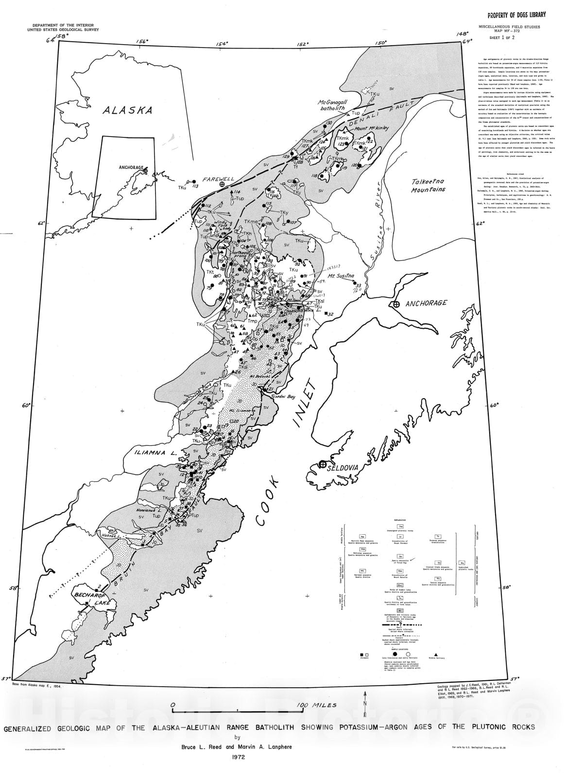Map : Generalized geologic map of the Alaska-Aleutian Range batholith showing potassium-argon ages of the plutonic rocks, 1972 Cartography Wall Art :