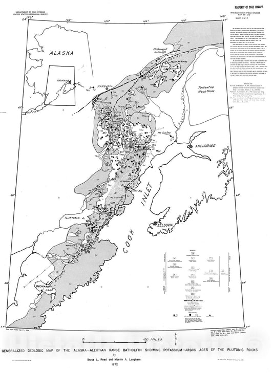 Map : Generalized geologic map of the Alaska-Aleutian Range batholith showing potassium-argon ages of the plutonic rocks, 1972 Cartography Wall Art :