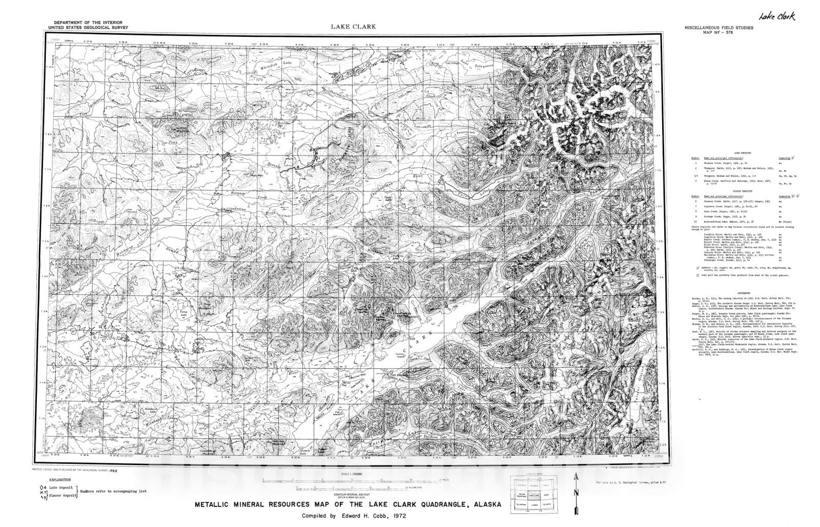 Map : Metallic mineral resources map of the Lake Clark quadrangle, Alaska, 1972 Cartography Wall Art :