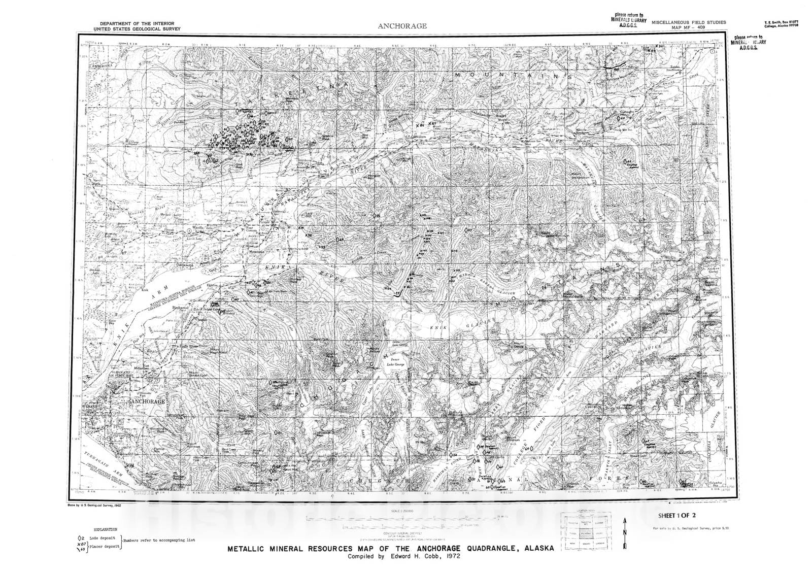 Map : Metallic mineral resources map of the Anchorage quadrangle, Alaska, 1972 Cartography Wall Art :