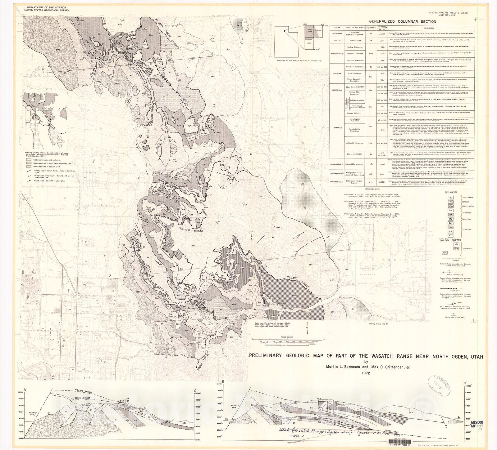 Map : Preliminary geologic map of part of the Wasatch Range near North Ogden, Utah, 1972 Cartography Wall Art :