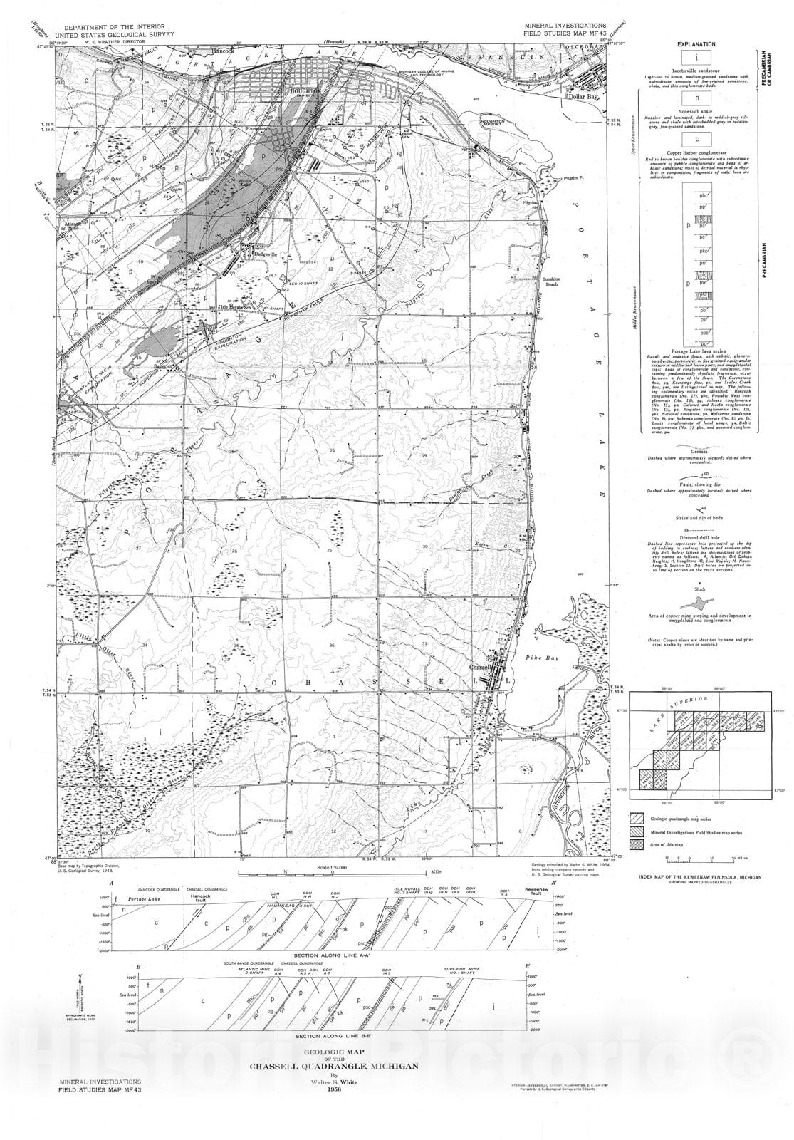 Map : Geologic map of the Chassell quadrangle, Michigan, 1956 Cartography Wall Art :