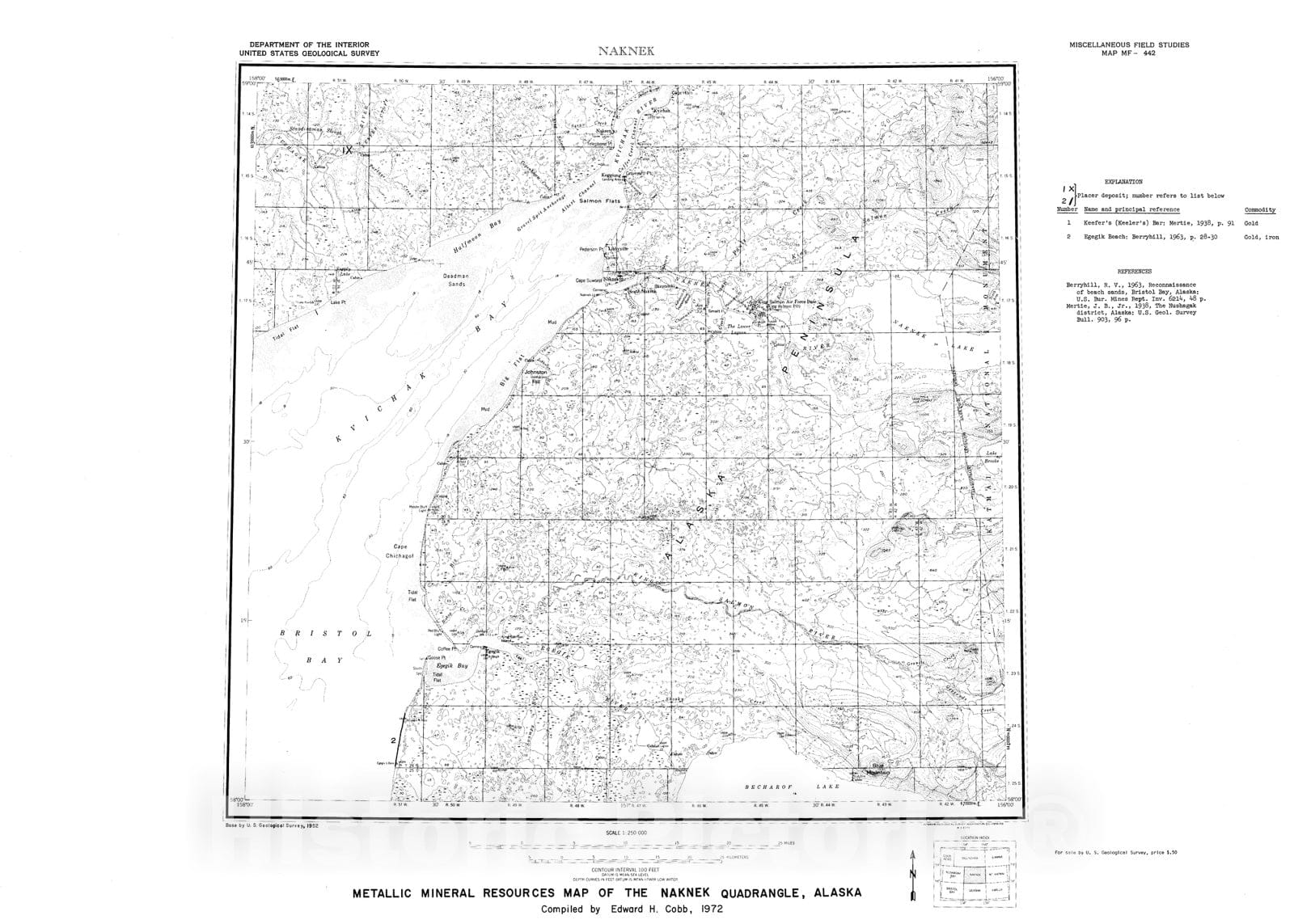 Map : Metallic mineral resources map of the Naknek quadrangle, Alaska, 1972 Cartography Wall Art :