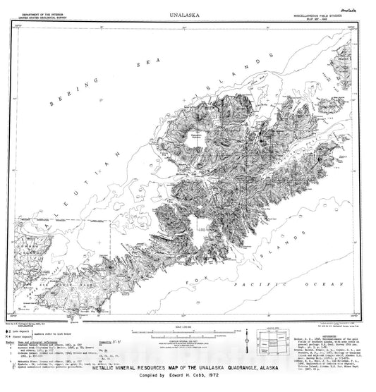 Map : Metallic mineral resources map of the Unalaska quadrangle, Alaska, 1972 Cartography Wall Art :