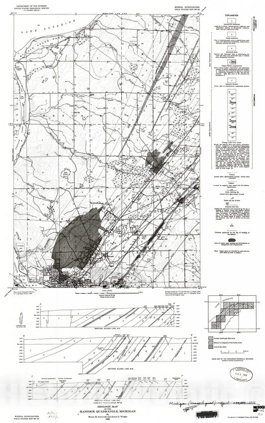 Map : Geologic map of the Hancock quadrangle, Michigan, 1956 Cartography Wall Art :