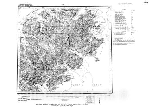 Map : Metallic mineral resources map of the Kodiak quadrangle, Alaska, 1972 Cartography Wall Art :