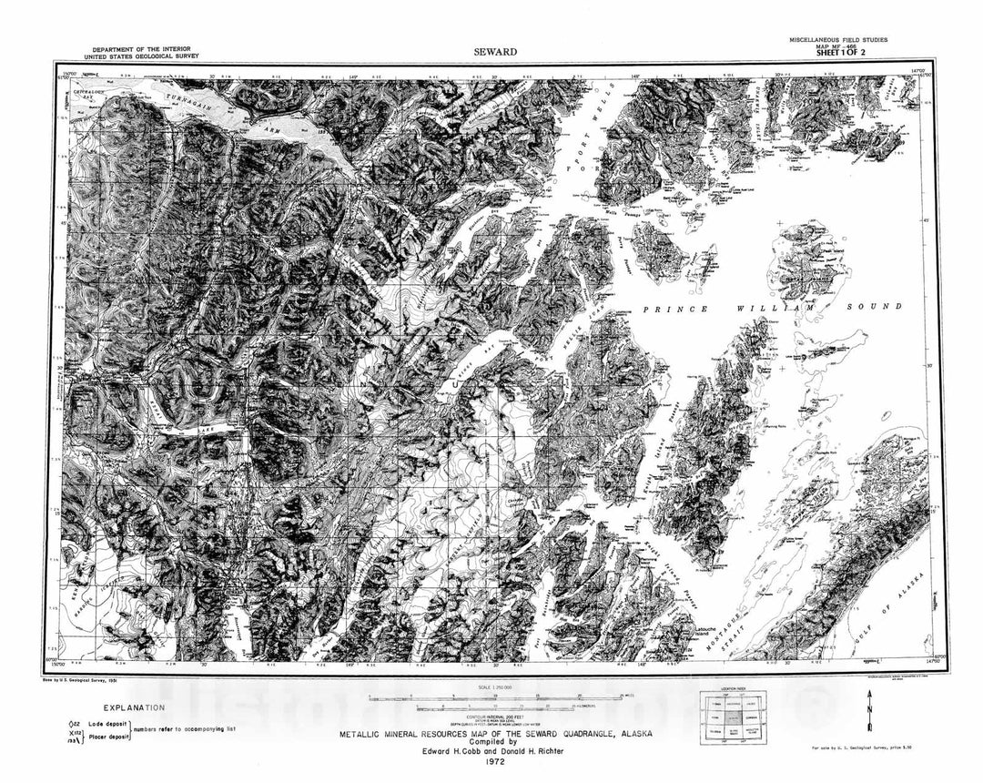 Map : Metallic mineral resources map of the Seward quadrangle, Alaska, 1972 Cartography Wall Art :