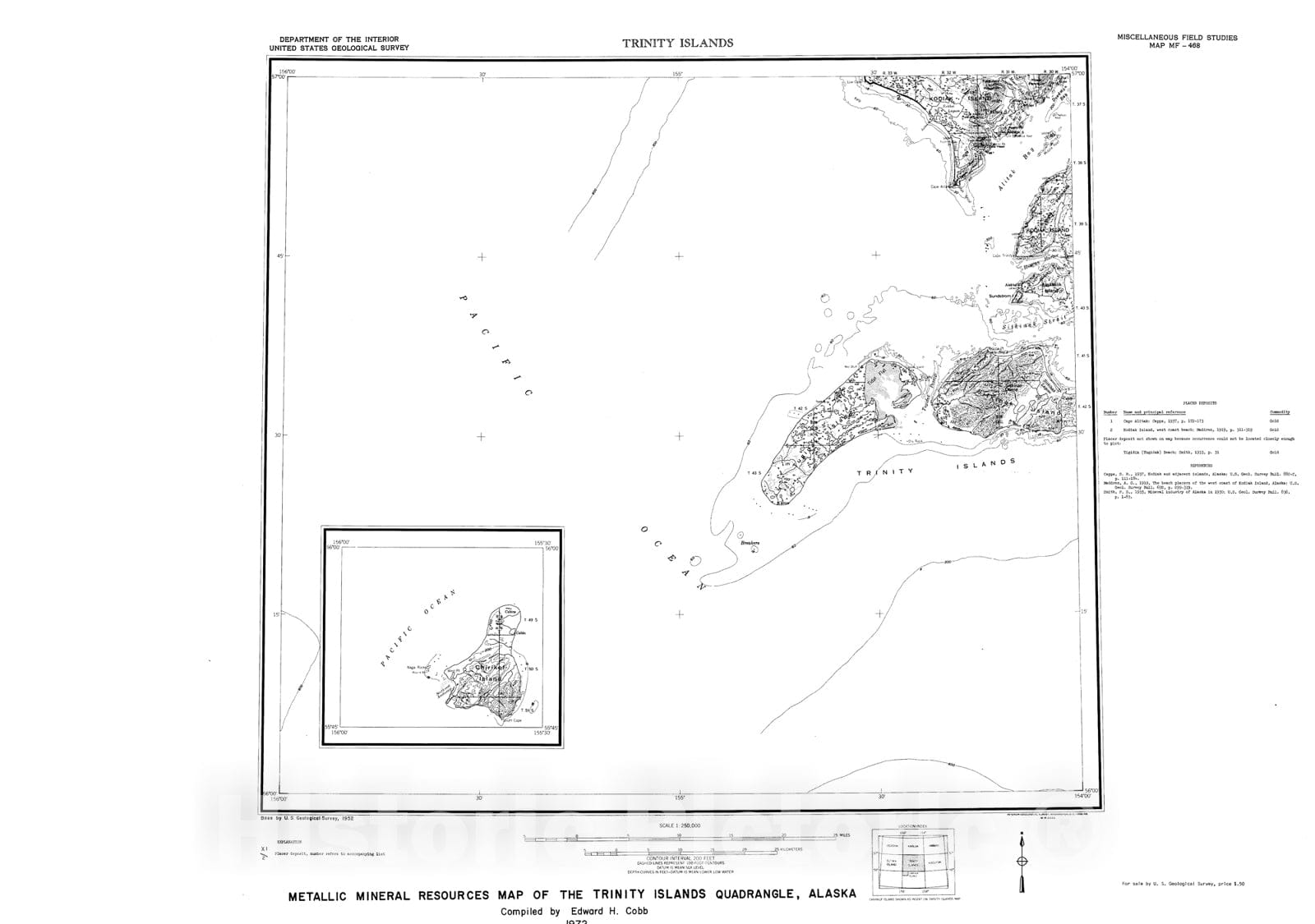 Map : Metallic mineral resources map of the Trinity Islands quadrangle, Alaska, 1972 Cartography Wall Art :