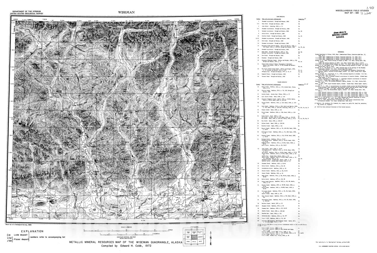 Map : Metallic mineral resources map of the Wiseman quadrangle, Alaska, 1972 Cartography Wall Art :