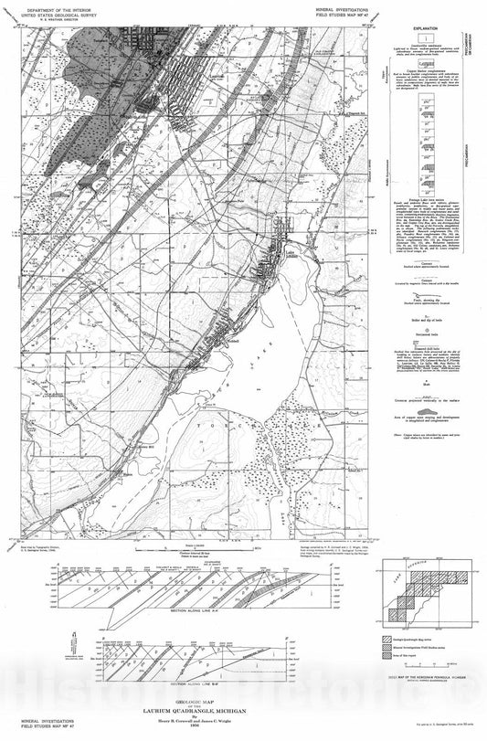 Map : Geologic map of the Laurium quadrangle, Michigan, 1956 Cartography Wall Art :