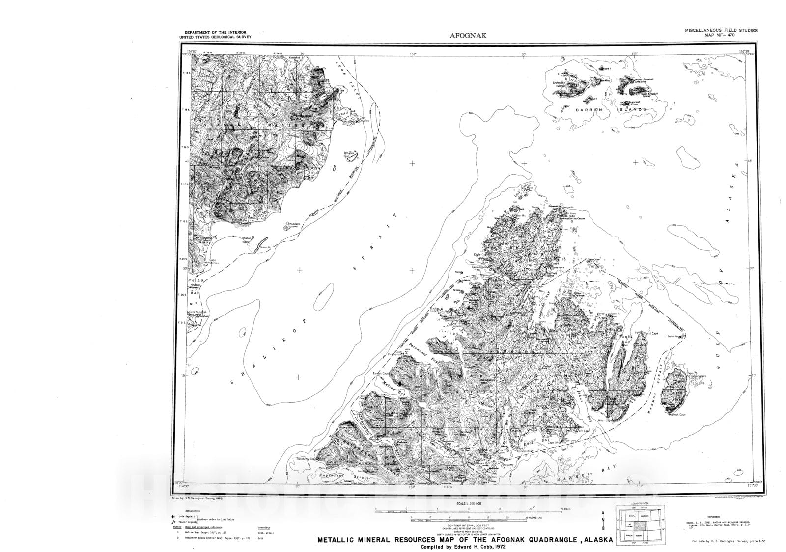 Map : Metallic mineral resources map of the Afognak quadrangle, Alaska, 1972 Cartography Wall Art :