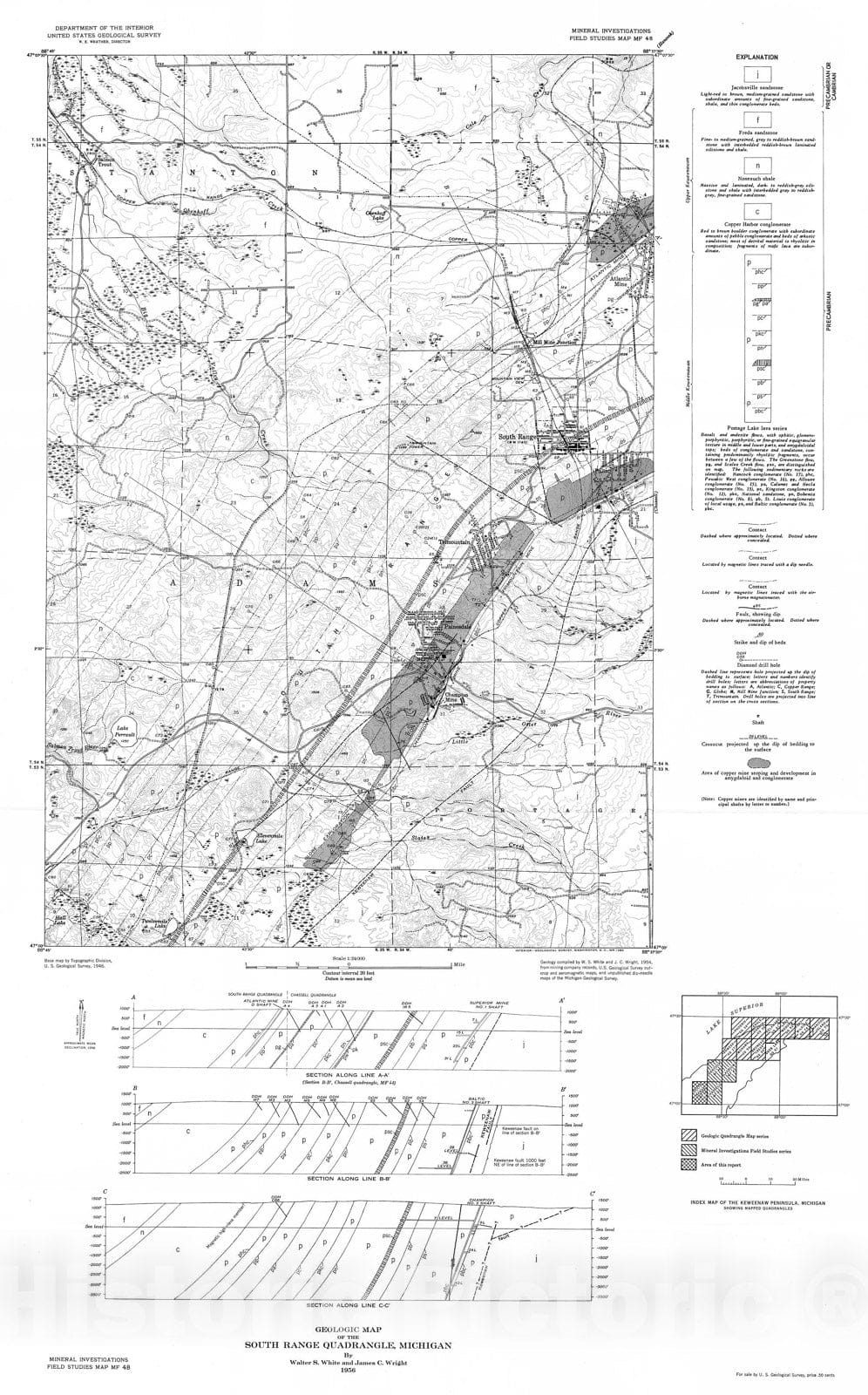 Map : Geologic map of the South Range quadrangle, Michigan, 1956 Cartography Wall Art :