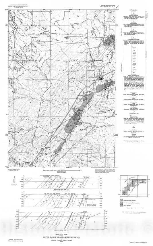 Map : Geologic map of the South Range quadrangle, Michigan, 1956 Cartography Wall Art :